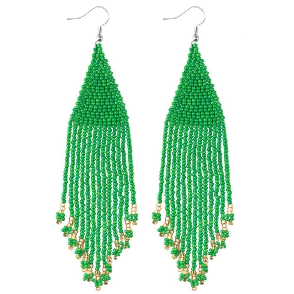 Green Bohemian Seed Bead Tassel Dangling Statement French Wire Hook Earrings